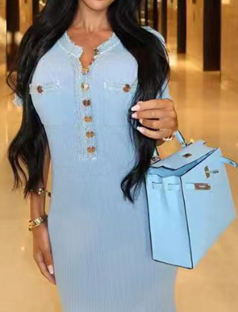 Denim Patchwork Knit Bodycon Maxi Dress