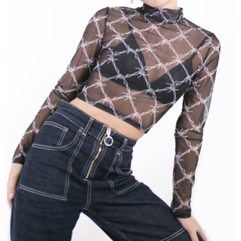 Sheer Long Sleeve Barbed Wire Print Crop Top