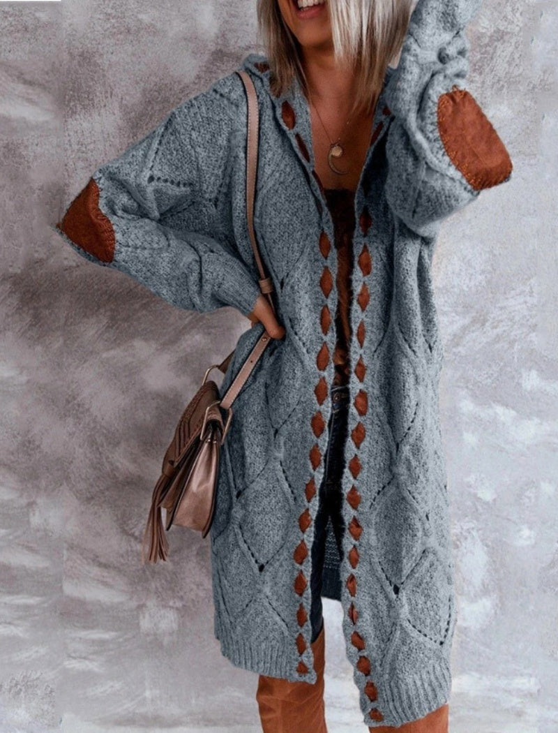 Hooded Knit Cardigan with Elbow Patches