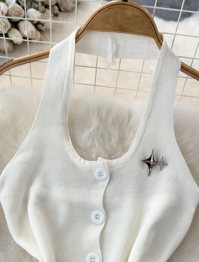 Sleeveless Button-Front Knit Vest