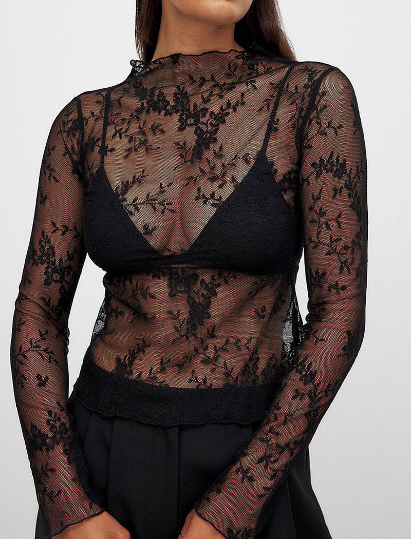Sheer Floral Lace Long Sleeve Top