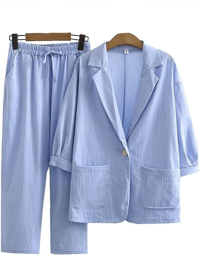 Solid Blazer and Drawstring Pants Set