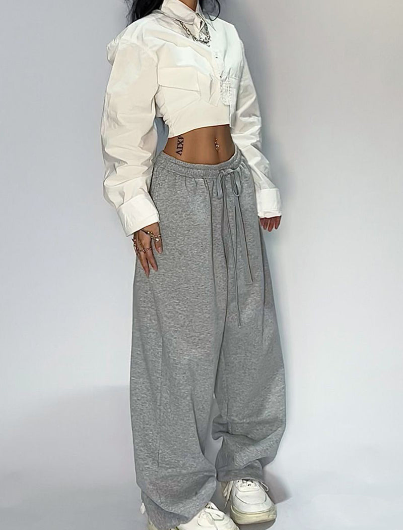 Solid Drawstring Wide-Leg Pants