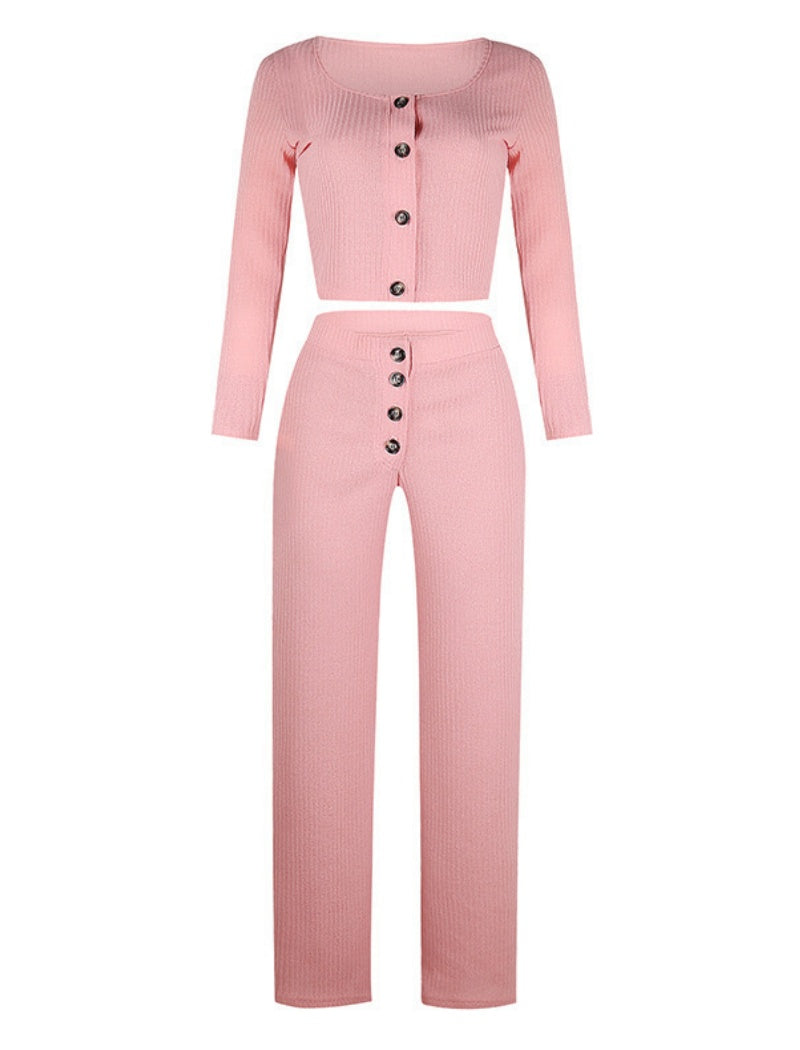 Button-Front Ribbed Two-Piece Set