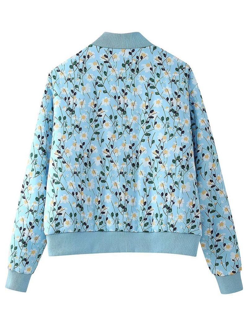 Floral Print Zipper Bomber Quilted Jacket