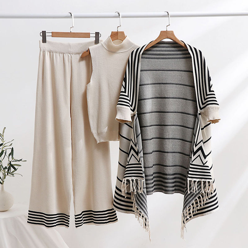 Striped Versatile Collar Knit Vest, Fringe Shawl & Wide-Leg Pants Set