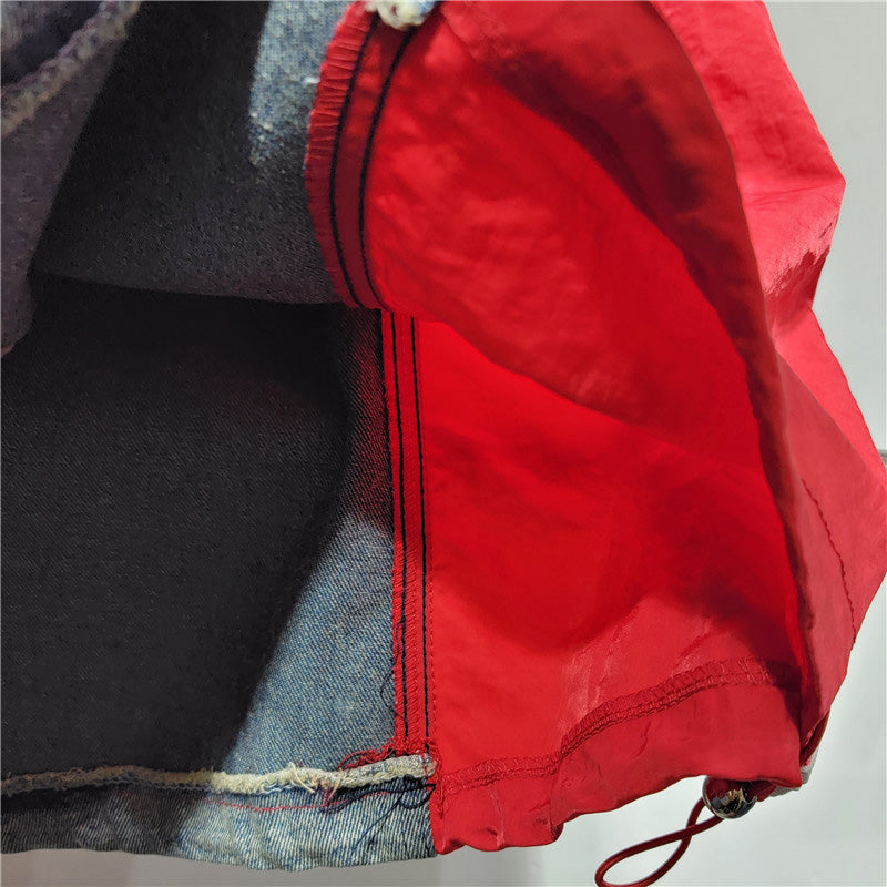 Contrast Panel Denim A-Line Skirt with Drawstring Hem