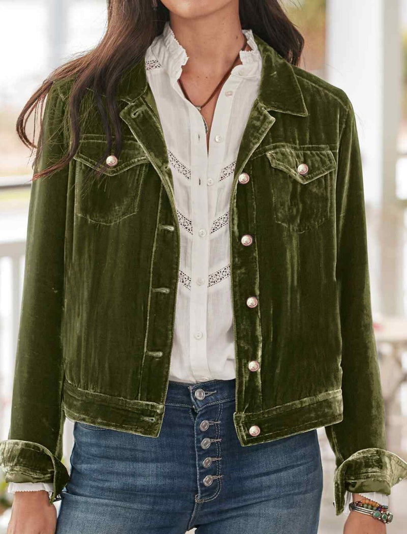 Button-Up Velvet Jacket with Chest Pockets