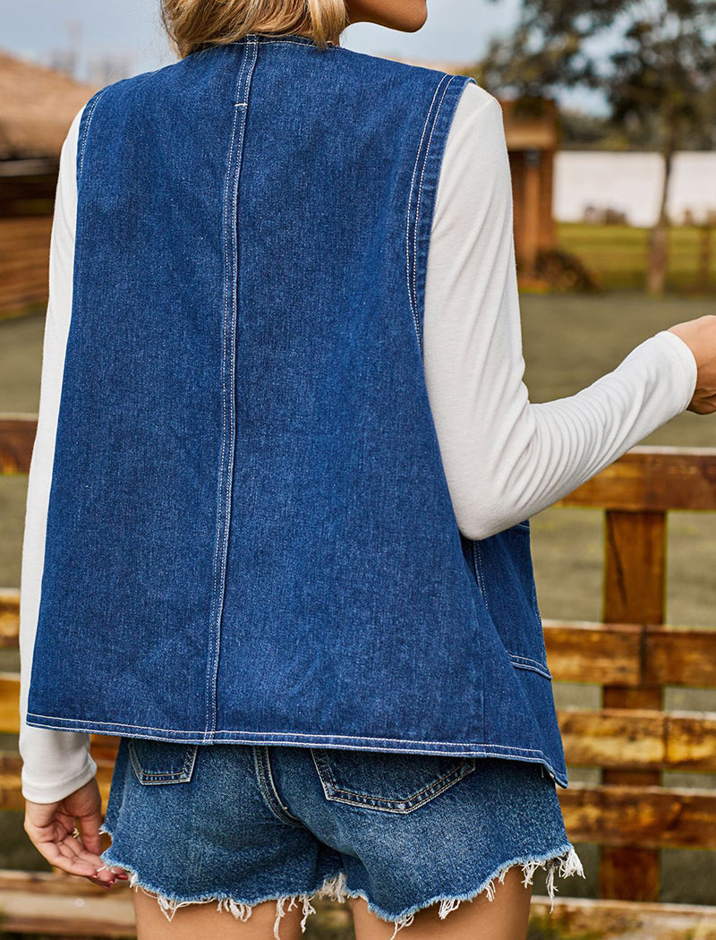 Button-Up Denim Vest with Pocket Detail
