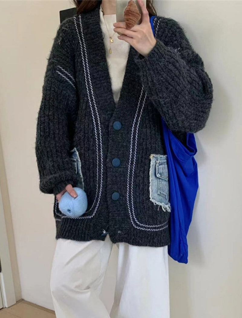 Knit Cardigan with Denim Patch Pockets