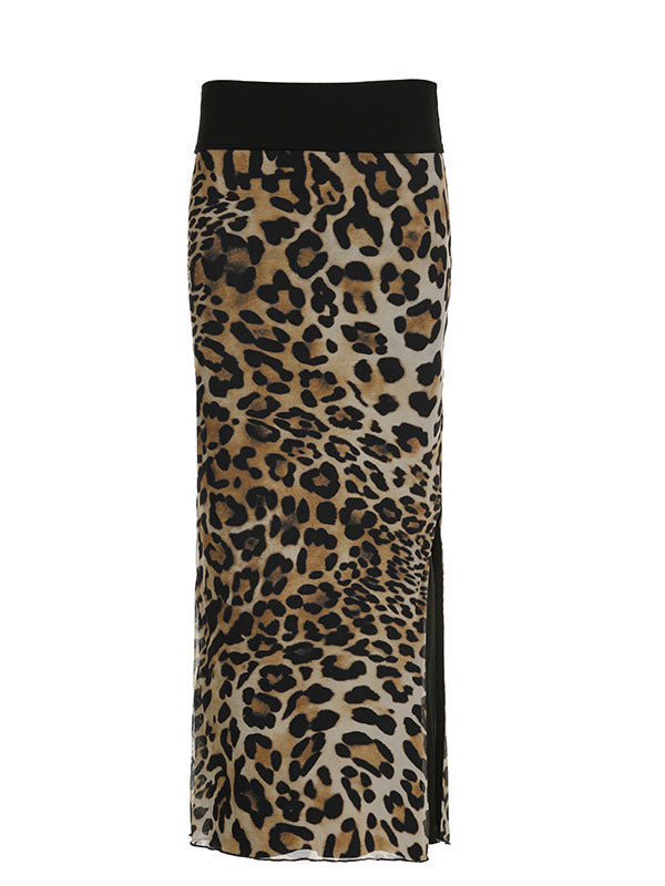 Leopard Patchwork Split-Hem Maxi Skirt