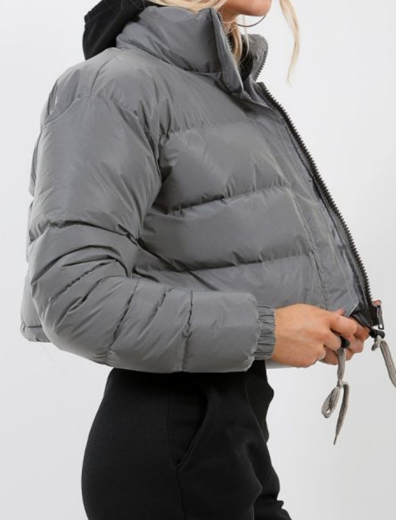 Cropped Puffer Jacket with Stand Collar