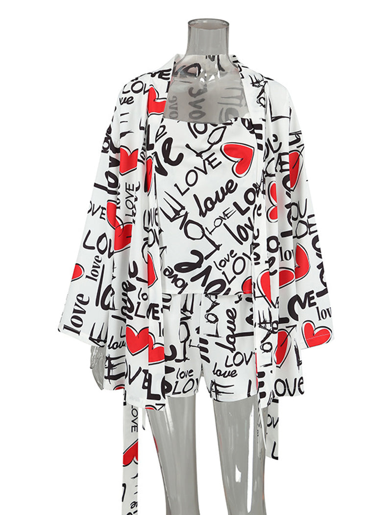 Heart Print Camisole and Shorts and Cover-Up Set