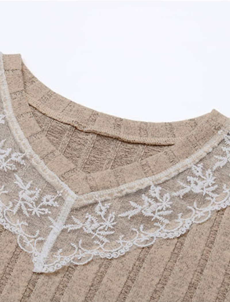 Ribbed V-Neck Top with Lace Accent