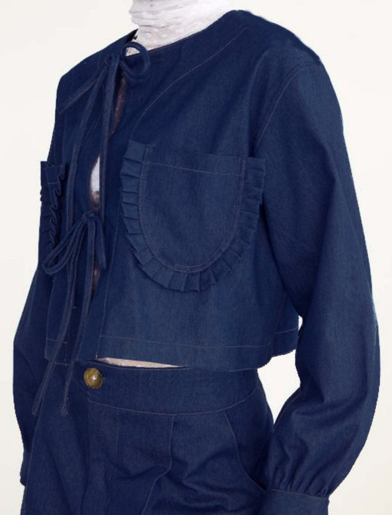 Tie-Front Ruffle Denim Jacket