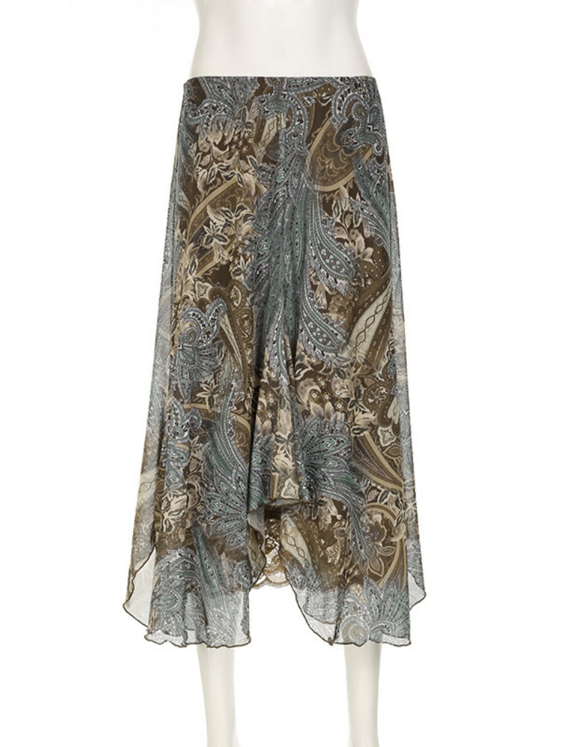 Asymmetrical Paisley Midi Skirt