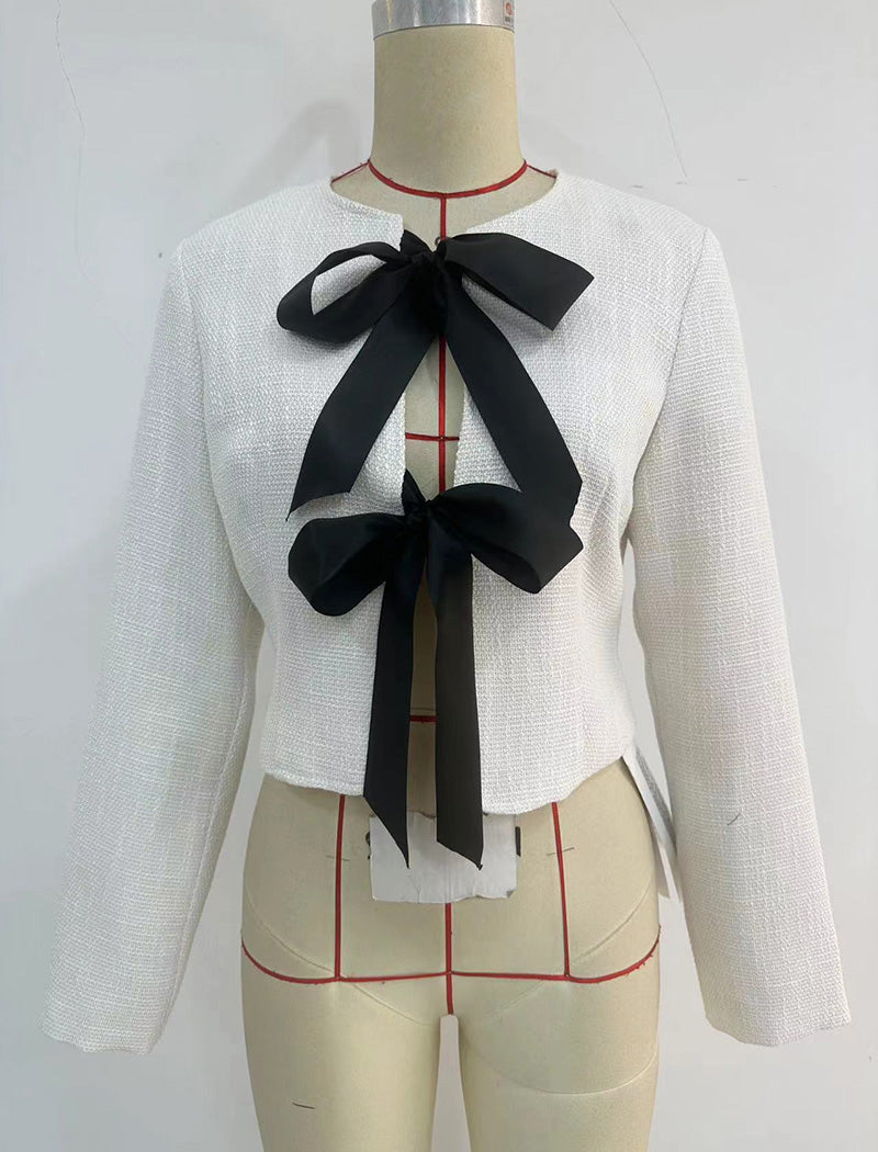 Cropped Blazer with Ribbon Ties