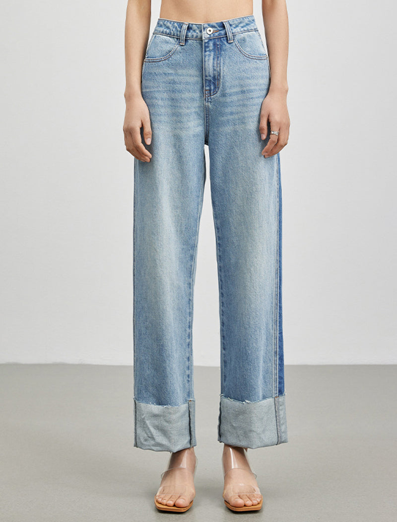 Colorblock Cuffed Wide-Leg Jeans