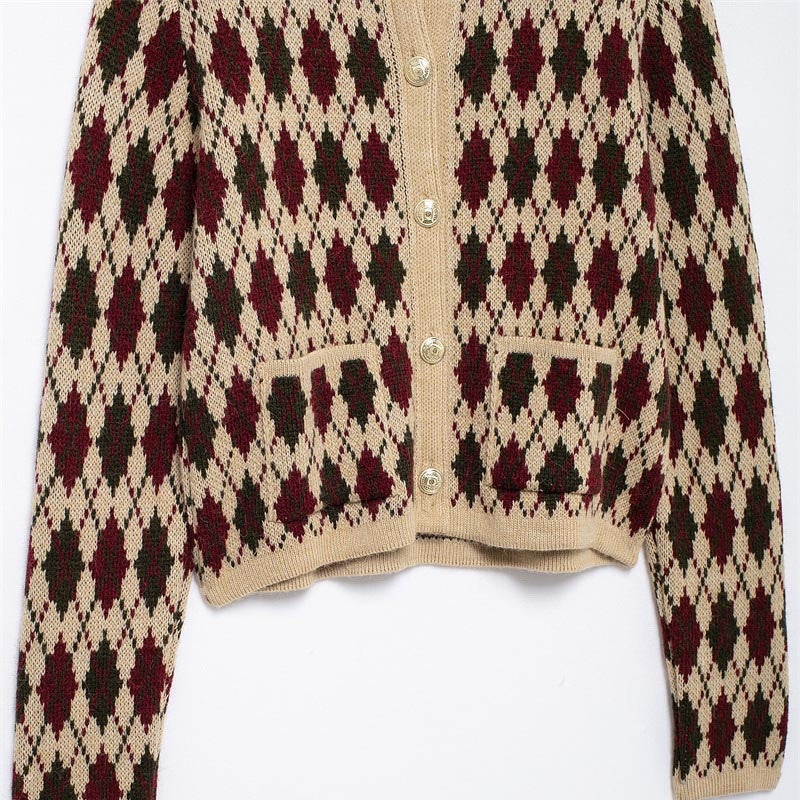 Button-Up Knit Cardigan with Diamond Pattern