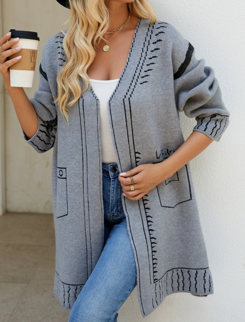 Illustrated Pattern Open-Front Long Cardigan
