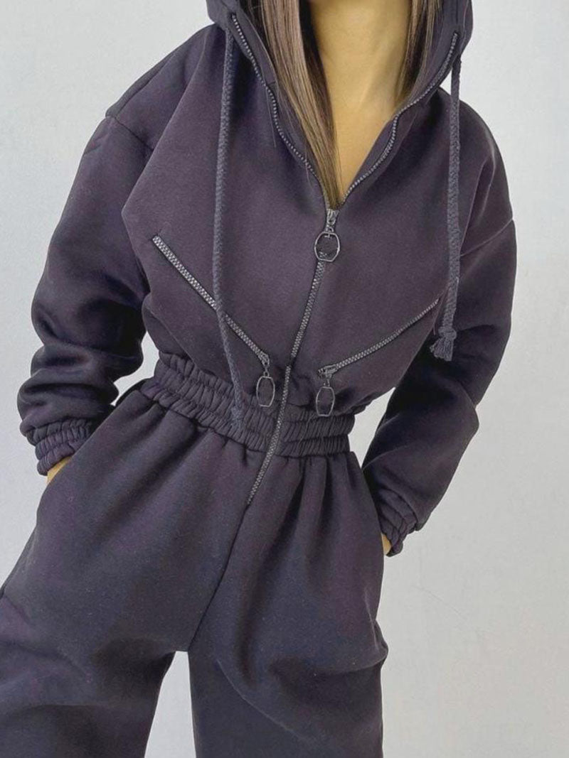 Drawstring Hooded Zip-Up Jumpsuit