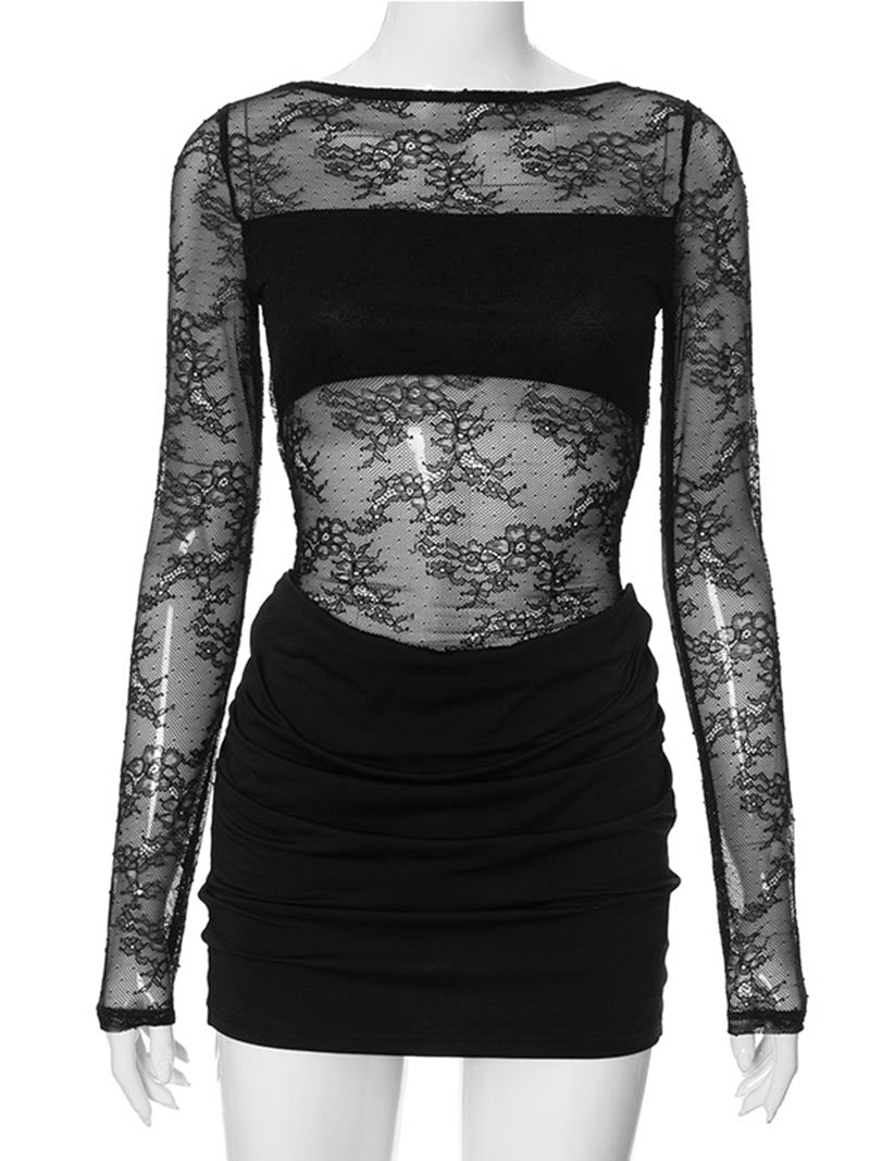 Lace Long Sleeve Ruched Mini Dress