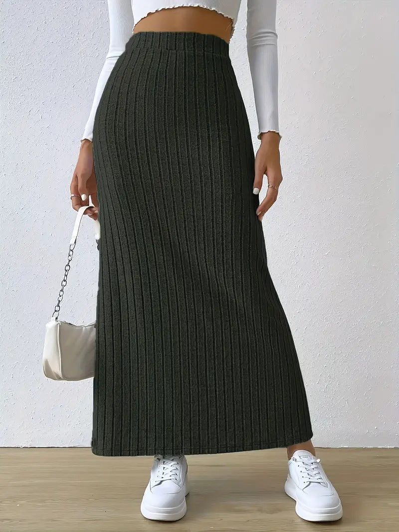 Ribbed High-Rise Split-Hem Maxi Skirt