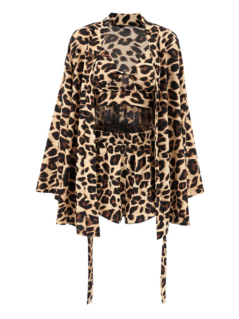Leopard Print Bralette and Shorts and Kimono Set