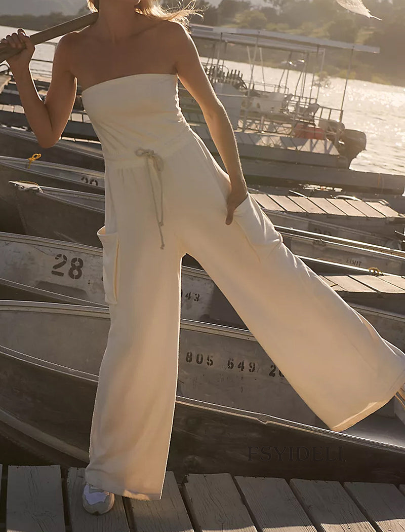 Drawstring Waist Vacation Wide-Leg Jumpsuit