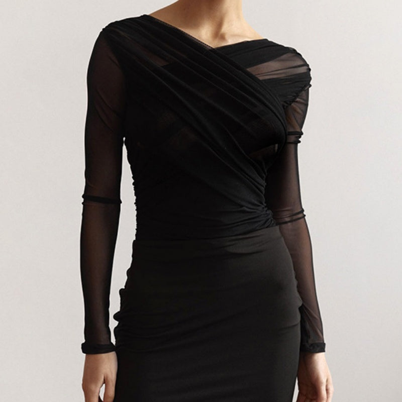 Draped Mesh Long Sleeve Top