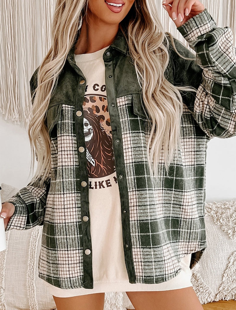 Plaid Color-Blocked Shirt Jacket