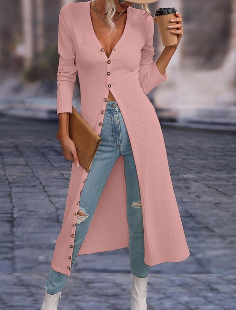 Ribbed Button-Up Longline Cardigan
