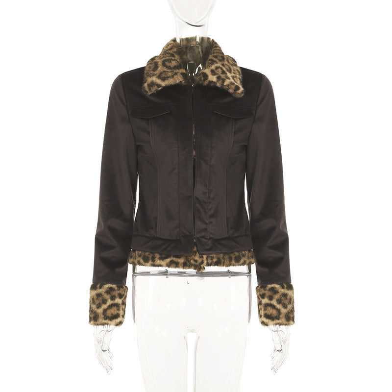 Leopard Fur Panel Collared Two-Tone Jacket