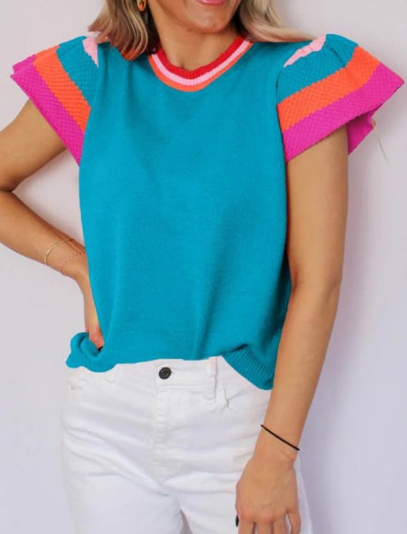 Crew Neck Colorblock Short Sleeve Knit Sweater