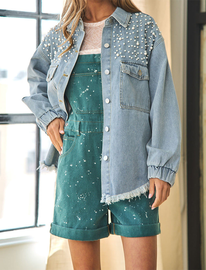 Faux Pearl Embellished Oversized Denim Jacket