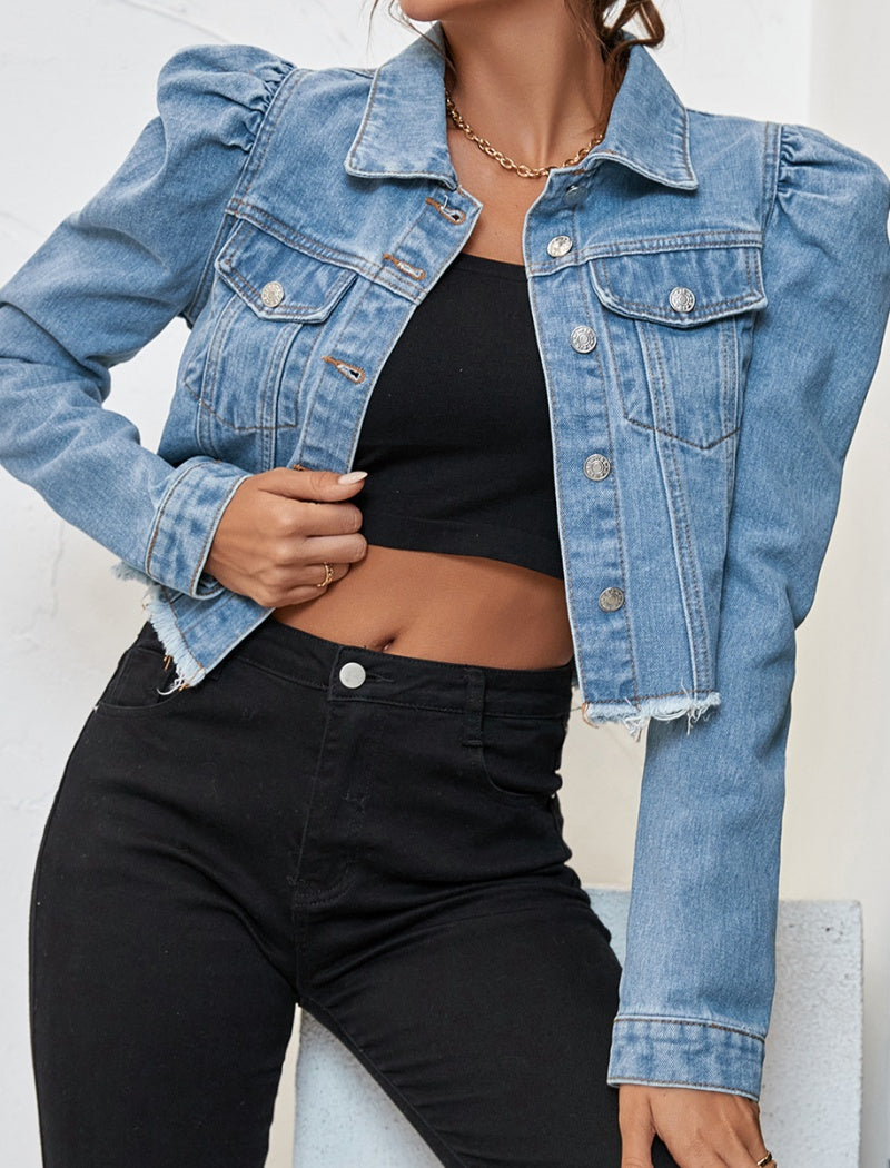 Puff Shoulder Cropped Denim Jacket