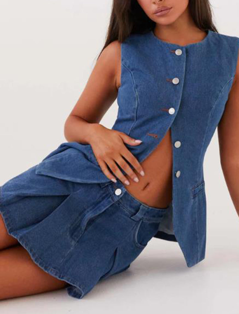 Denim Button-Up Vest and Skirt Set