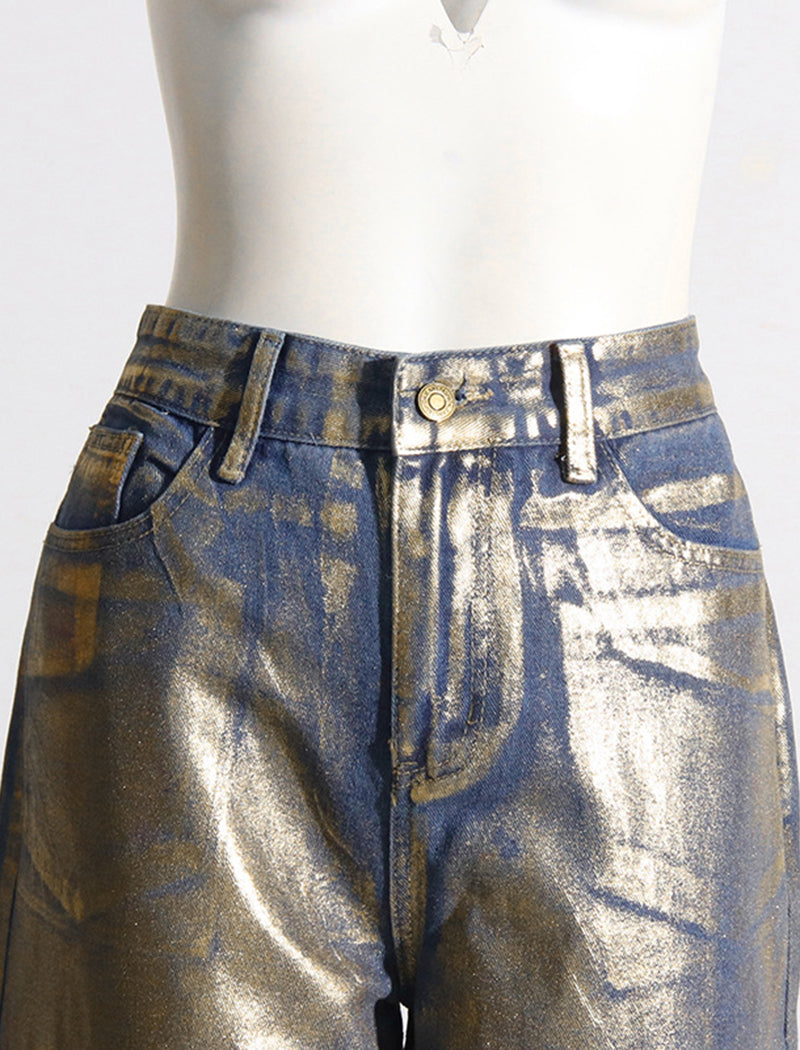 Metallic Wide-Leg High-Waist Pants