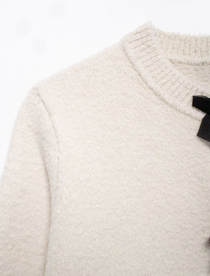 Bow-Detail Fringe Trim Tweed Cardigan