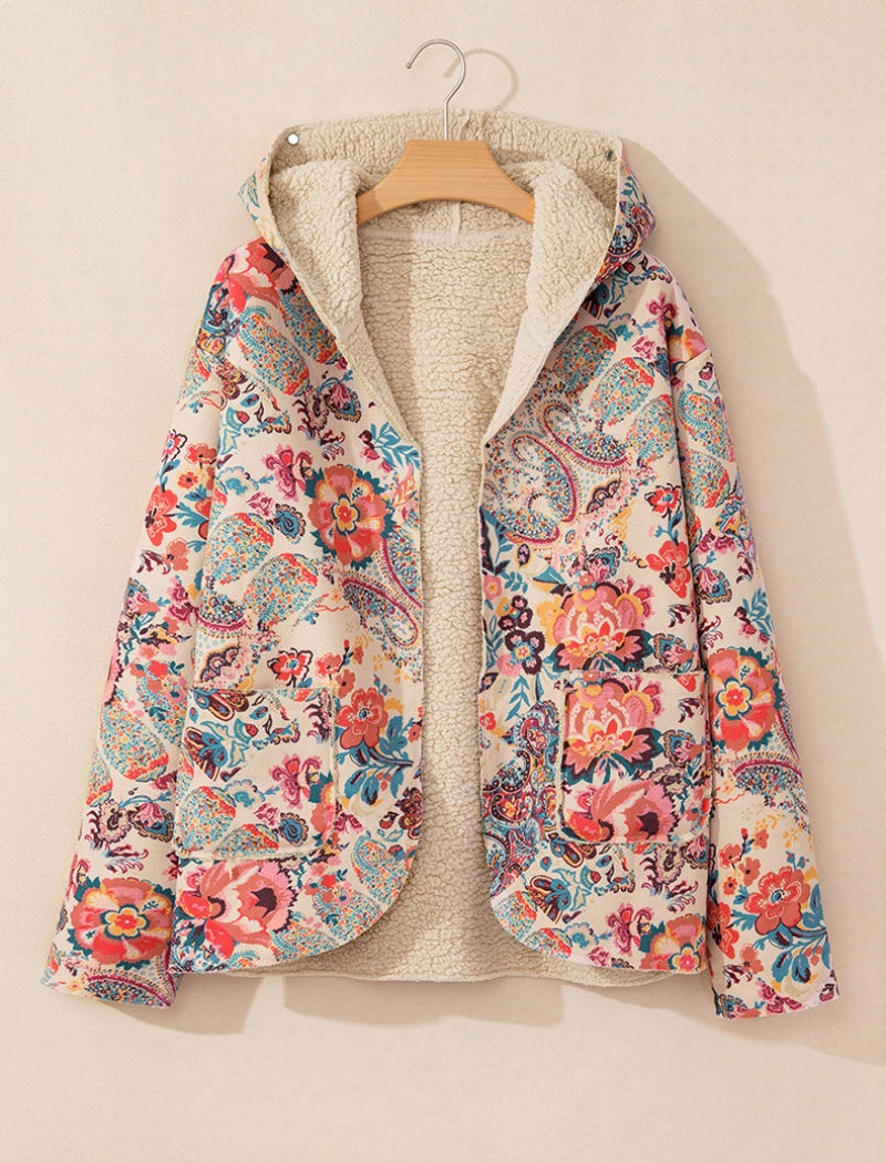 Floral Print Hooded Jacket with Fleece Lining