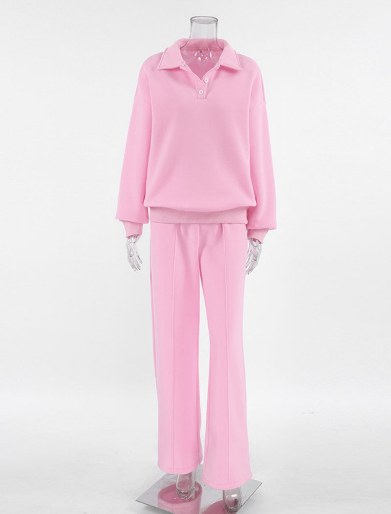 Relaxed Fit Polo Collar Top and Pants Set