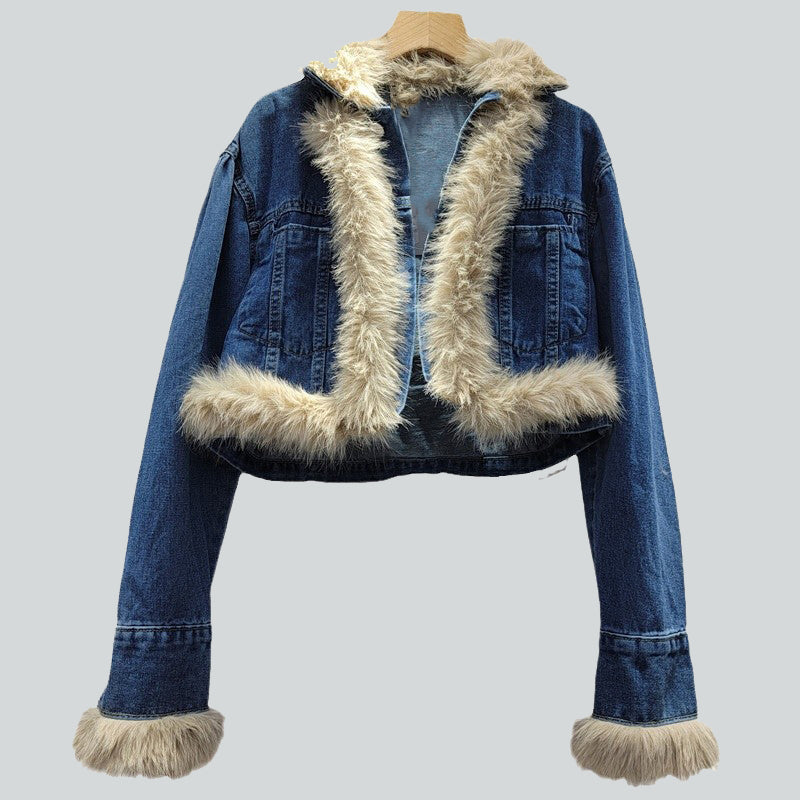 Cropped Denim Jacket with Fur Trim