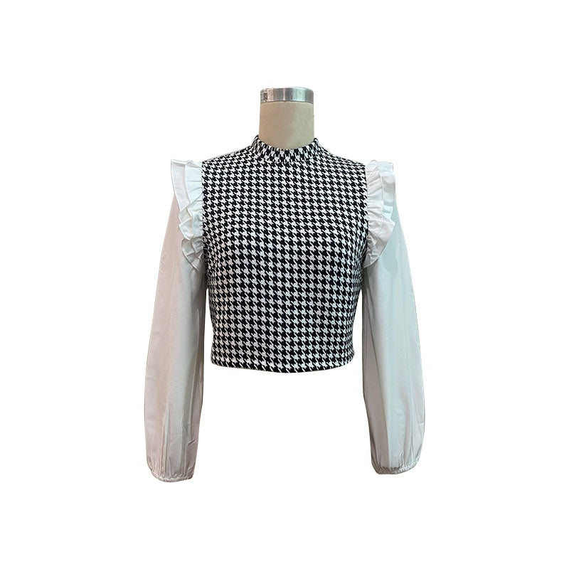 Houndstooth Ruffle Sleeve Crop Top