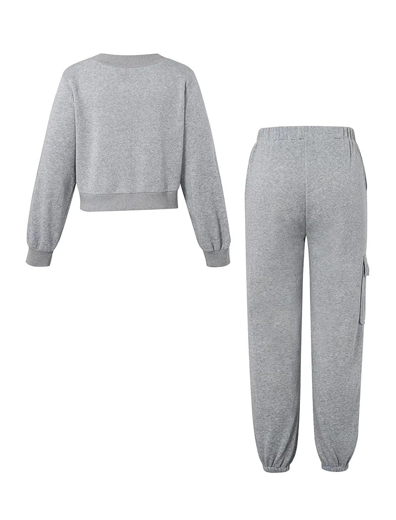 Casual Grey Pocketed Top and Pants Set