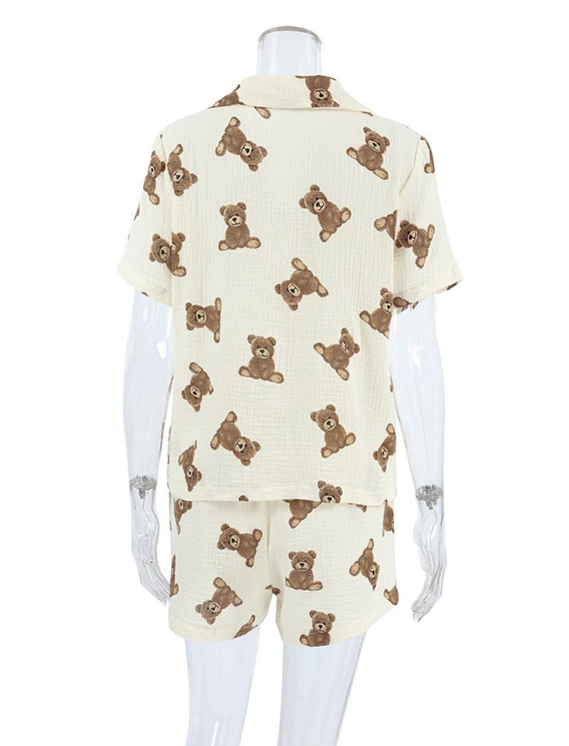 Teddy Bear Print Button-Up Pajama Set