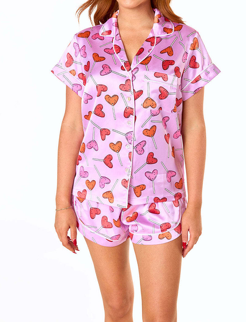 Printed Satin Short Sleeve Shirt and Shorts Set