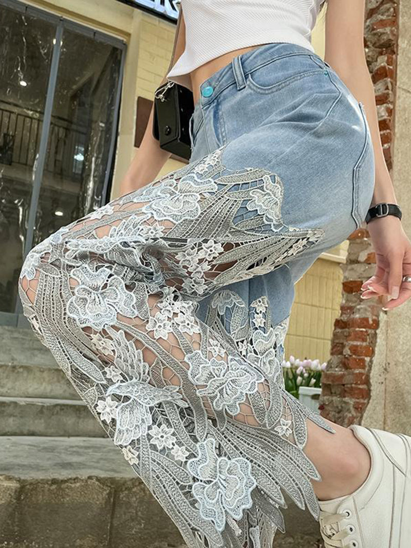 Lace Denim Wide-Leg Pants