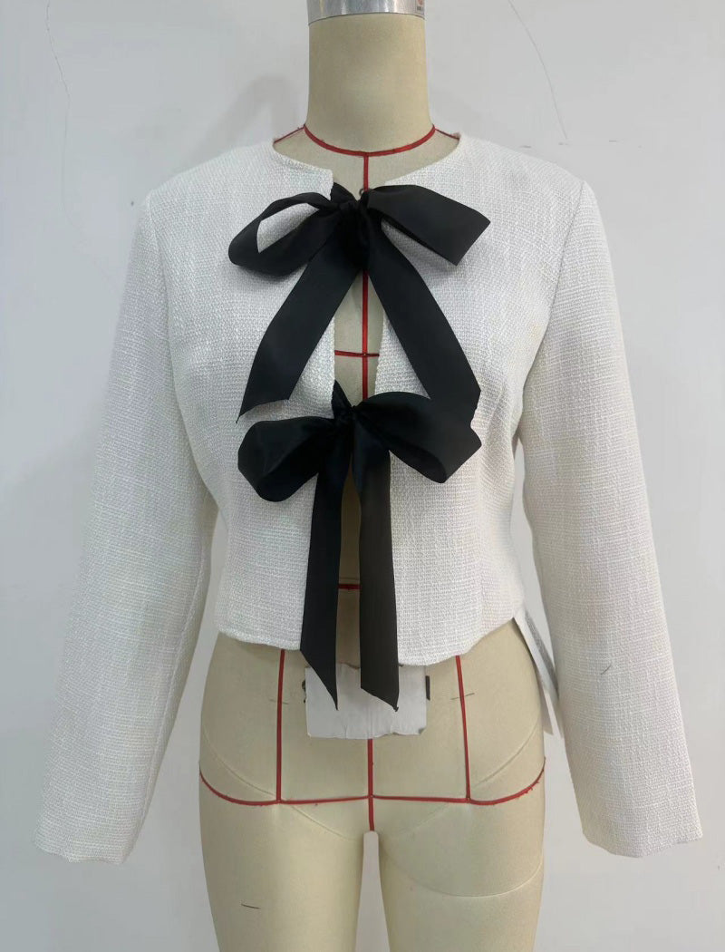 Bow-Accented Cropped Tweed Jacket