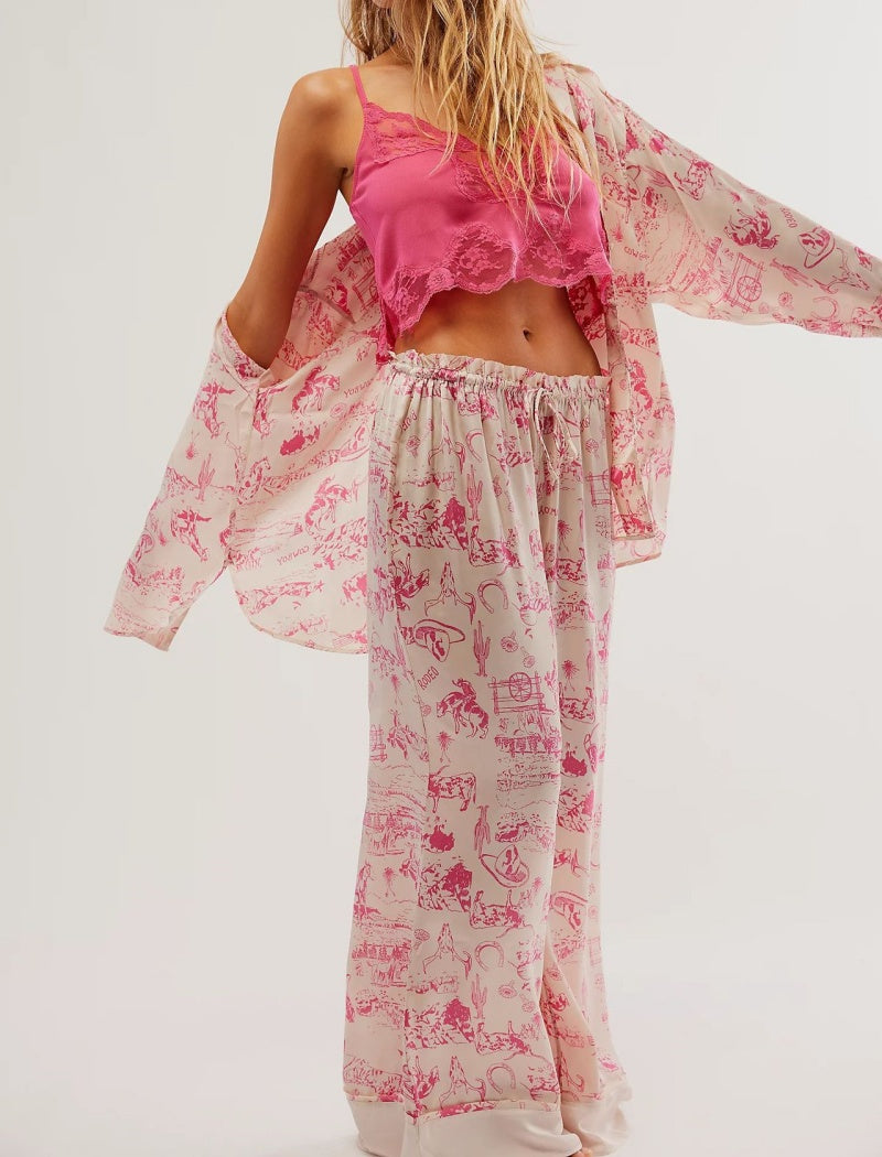 Floral Print Satin Long-Sleeves and Pants Pajama Set