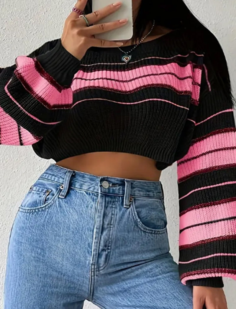 Color Block Striped Drop Shoulder Knit Sweater